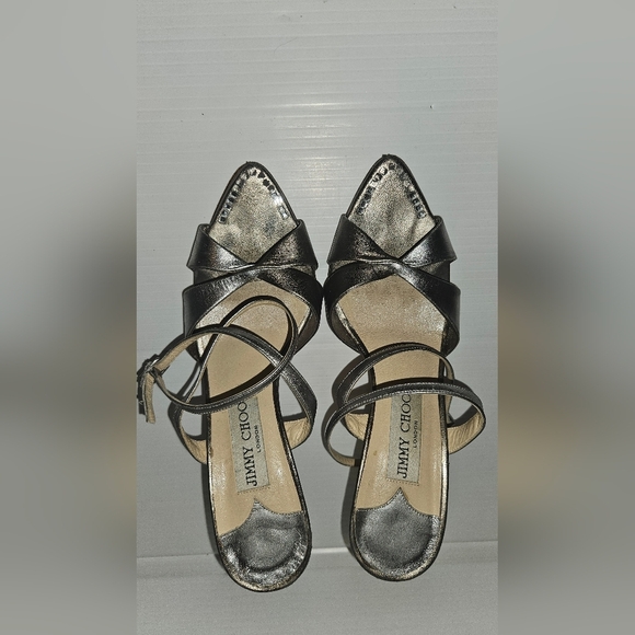 Jimmy Choo London Gray Silver Leather & Satin Crystal Evening Sandals Sz 37 - Picture 2 of 9